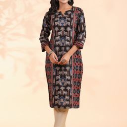 KALINI Quirky Printed Notch Neck Pure Cotton Straight Kurta-15