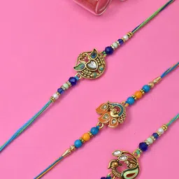 MEIRA JEWELLERY Set Of 3 American Kundan Studded Rakhi With Greeting Card & Roli Chawal-12