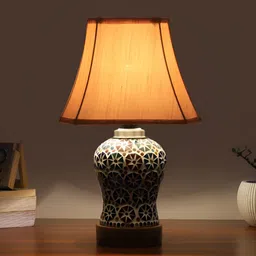 Devansh Off White Printed Wooden Frustum Shaped Table Lamp With Mosaic Glass Base image 5
