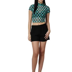 Popwings Women Geometric Printed Round Neck Net Crop Top image 4