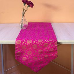 Pink Parrot Pink Printed Jacquard Silk Table Runner With Tassels-43