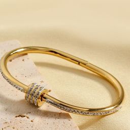 DIVASTRI Stainless Steel Gold-Plated American Diamond Studded Kada Bracelet-image-62