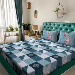 KLOTTHE Blue & White Geometric Printed 400 TC Cotton King Bedsheet Set 2.70 m x 2.70 m-24
