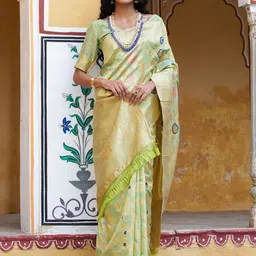 KALINI Light Green Banarasi Silk Floral Design Saree with Unstitched Blouse Piece-image-39