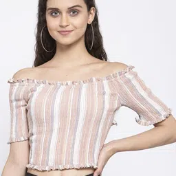 Zastraa Women Vertical Stripes Ribbed Off-Shoulder Crop Bardot Top-image-94