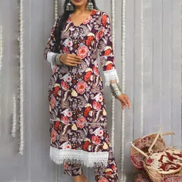 JAIPUR HAND BLOCK Floral Printed Pure Cotton V-Neck Straight Kurta With Trousers-18