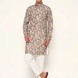 ZARI Floral Printed Thread Work Jacquard Weave Mandarin Collar Cotton Straight Kurta-image-93