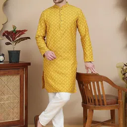 Jompers Floral Woven Design Mandarin Collar Jacquard Silk Kurta With Pyjamas-image-53