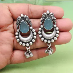 PREYANS Silver-Plated Stones Studded Oxidised Drop Earrings-image-62