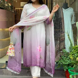 IkDaiya Floral Printed Notch Neck Thread Work Organza Kurta With Trousers & Dupatta-57