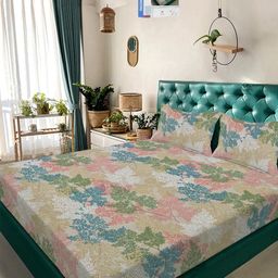 KLOTTHE Beige & Blue Floral 300 TC King Bedsheet with 2 Pillow Covers-image-84