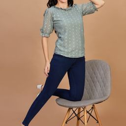 CORSICA Hexagonal Pattern Ruffled Neck Half Sleeve Top-picture-0