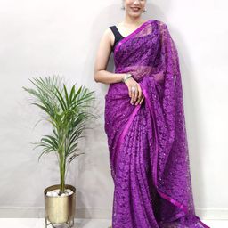 HERE&NOW Woven Design Embellished Net Saree-image-60