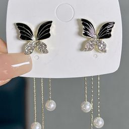 VAGHBHATT Gold-Plated Pearls Beaded & Rhinestone Studded Butterfly Shaped Drop Earrings-13