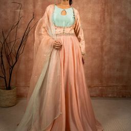 Shreeka Floral Embroidered Keyhole Neck Long Sleeves Pure Silk Ethnic Dress With Dupatta-image-40