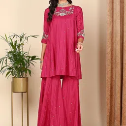 HERE&NOW Pink Ethnic Motifs Embroidered Thread Work Pure Silk Kurta with Sharara-image-61