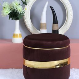 Shadowkart Brown Round Wooden & Velvet Pouffes Pedestal Ottoman-image-92