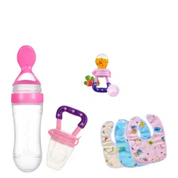 Kritiu Kids New Born Feeding Starter Kit With 3 Cotton Waterproof Bibs - Pink-image-79