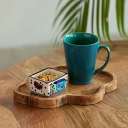 ExclusiveLane Teal & Brown Ceramic Matte Mug and Bowl With Wooden Tray-image-43
