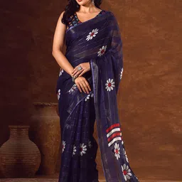 HERE&NOW Floral Print Zari Saree With Unstiched Blouse Piece-image-33