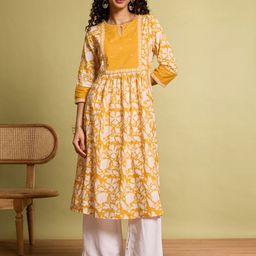 Taneira Floral Printed Cotton Keyhole Neck A-Line Kurta-image-42