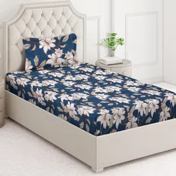 Arrabi Blue & Pink Floral 350 TC Single Bedsheet with 1 Pillow Covers-image-81