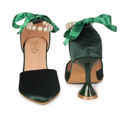 HM9 YS6 Women Green Synthetic Pearls Embellished Bow Block Heels-image-16