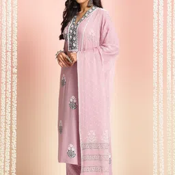 KALINI Women Floral Printed Regular Thread Work Kurta with Palazzos & With Dupatta image 2