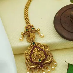 Diksha collection Brass-Plated Stone-Studded & Beaded Matte-Finish Maang Tikka-image-89