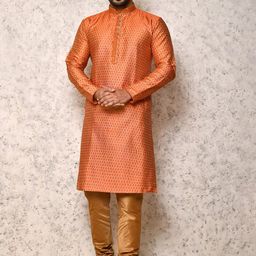 RANAK Geometric Woven Design Mandarin Collar Pure Cotton Straight Kurta With Churidar-image-66