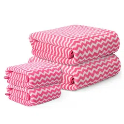 Kuber Industries Pink & White 4 Piece Zig Zag Printed Microfiber 270 GSM Towel Set-41