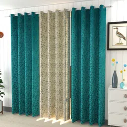 Galaxy Home Decor Teal & Yellow 3 Pieces Room Velvet Darkening Long Door Curtains-image-30