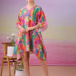 LABEL AARNA Women Floral Printed Cotton Kaftan Knee Length Dress-4