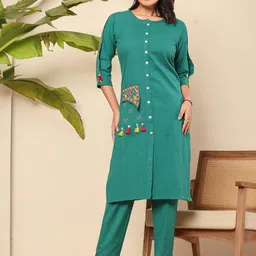 ADAA JAIPUR Women Solid Printed Cotton Kurta with Trousers-image-17