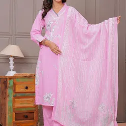 KALINI Floral Printed Straight Beads & Stones Pure Cotton Kurta With Trouser & Dupatta-picture-15