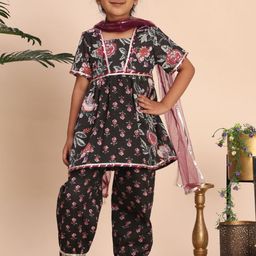 Cutiekins Girls Printed Square Neck Gotta Patti A-Line Kurta With Palazzos & Dupatta-picture-41