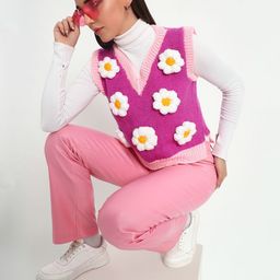 Sugercandy Women Floral Woollen Crop Sweater Vest with Embroidered Detail-image-80
