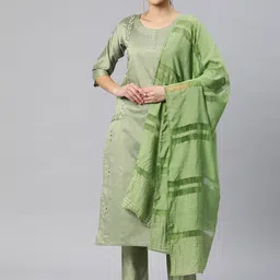 DIVASTRI Floral Embroidered Round Neck Straight Kurta With Trousers & Dupatta-image-70