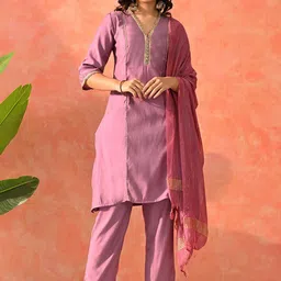 Sangria V-Neck Three-Quarter Sleeves KurtaWith Trousers & Dupatta-image-83