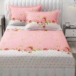 Aura Pink & White Floral 144 TC King Bedsheet with 2 Pillow Covers-image-86