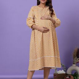 Ikk Kudi by Seerat Women Geometric Printed Round Neck Fit & Flare Maternity Midi Dress-29