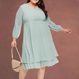 wild U Women Self Design Puff Sleeves Fit and Flare Midi Dress Plus Size-picture-5