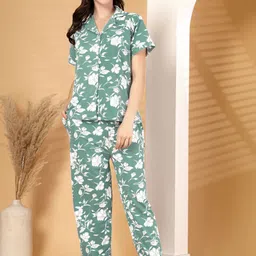 ETC Women Lapel Collar Floral Printed Shirt & Pyjamas Night suit-image-73