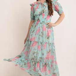 BAESD Floral Print Off-Shoulder Puff Sleeve Georgette Fit & Flare Maxi Dress-image-17