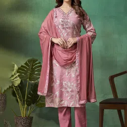 DIVASTRI Women Floral Embroidered Regular Beads and Stones Pure Cotton Kurta with Trousers & With Dupatta-picture-36