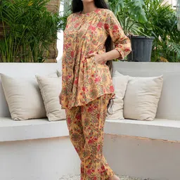 Moda Rapido Floral Printed Mandarin Collar Pure Cotton Tunic With Trousers-picture-14