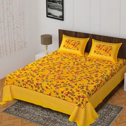Cosito Yellow & Red Floral 144 TC Queen Bedsheet with 2 Pillow Covers-35
