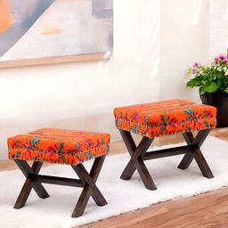 Ikiriya 2-Pcs Orange & Blue Printed Wooden Cotton Rectangle Ottomans-image-82