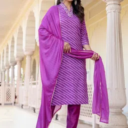Navlik Leheriya Printed V-Neck Thread Work Kurta With Trousers And Dupatta-21
