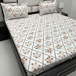 Pure Decor White & Brown Floral Queen Bedsheet with 2 Pillow Covers-picture-47